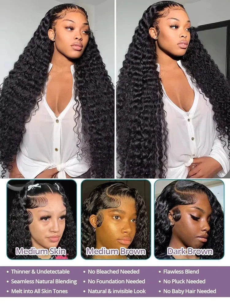 40 Inch 13x6 HD Lace Front Wig 210% Density Deep Wave Human Hair Wig Brazilian Virgin Curly Human Hair Wig For Women 13x4 Lace Frontal Wigs With Baby Hair Pre Plucked Hairline Natural Color