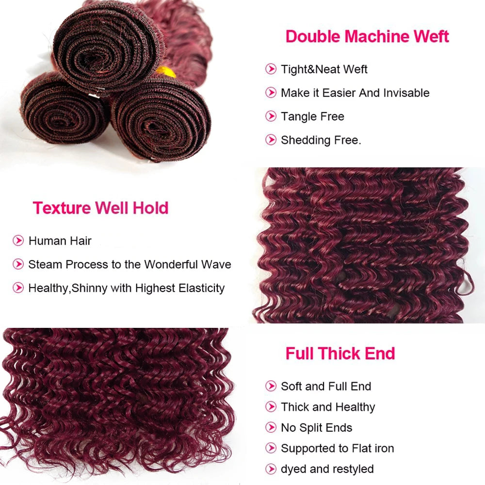 Burmese Curly Hair Bundles Burgundy Human Hair Extensions 99J Red Human Hair Tissage 16-30inch Remy Deep Wave 1/3/4 Bundles Deal