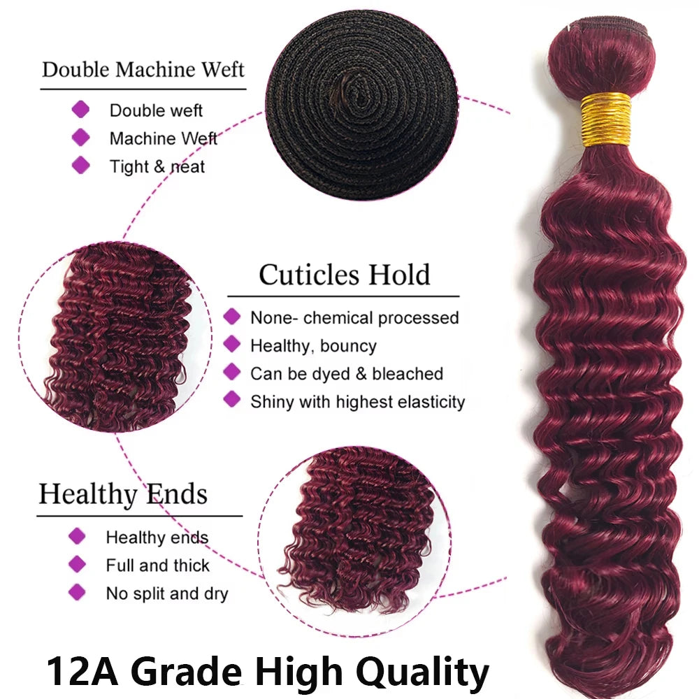 Burmese Curly Hair Bundles Burgundy Human Hair Extensions 99J Red Human Hair Tissage 16-30inch Remy Deep Wave 1/3/4 Bundles Deal