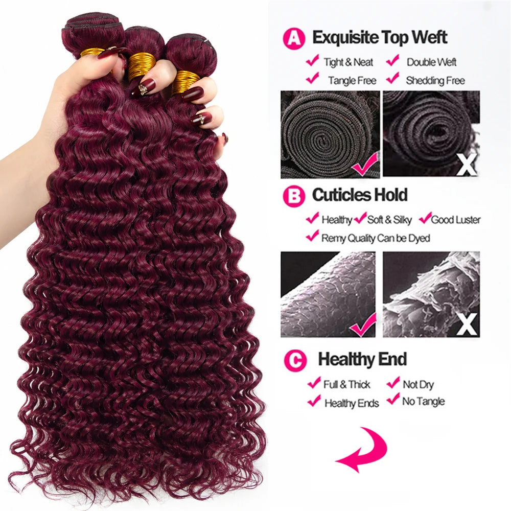 Burmese Curly Hair Bundles Burgundy Human Hair Extensions 99J Red Human Hair Tissage 16-30inch Remy Deep Wave 1/3/4 Bundles Deal