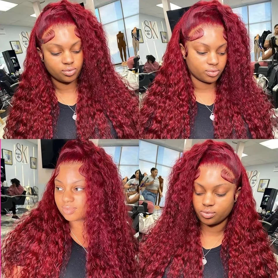 220 Density Human Hair Deep Wave 99J Burgundy 13x4 Lace Frontal Wig 30 32 Inch HD Lace Front Wigs Water Brazilian Curly wigs