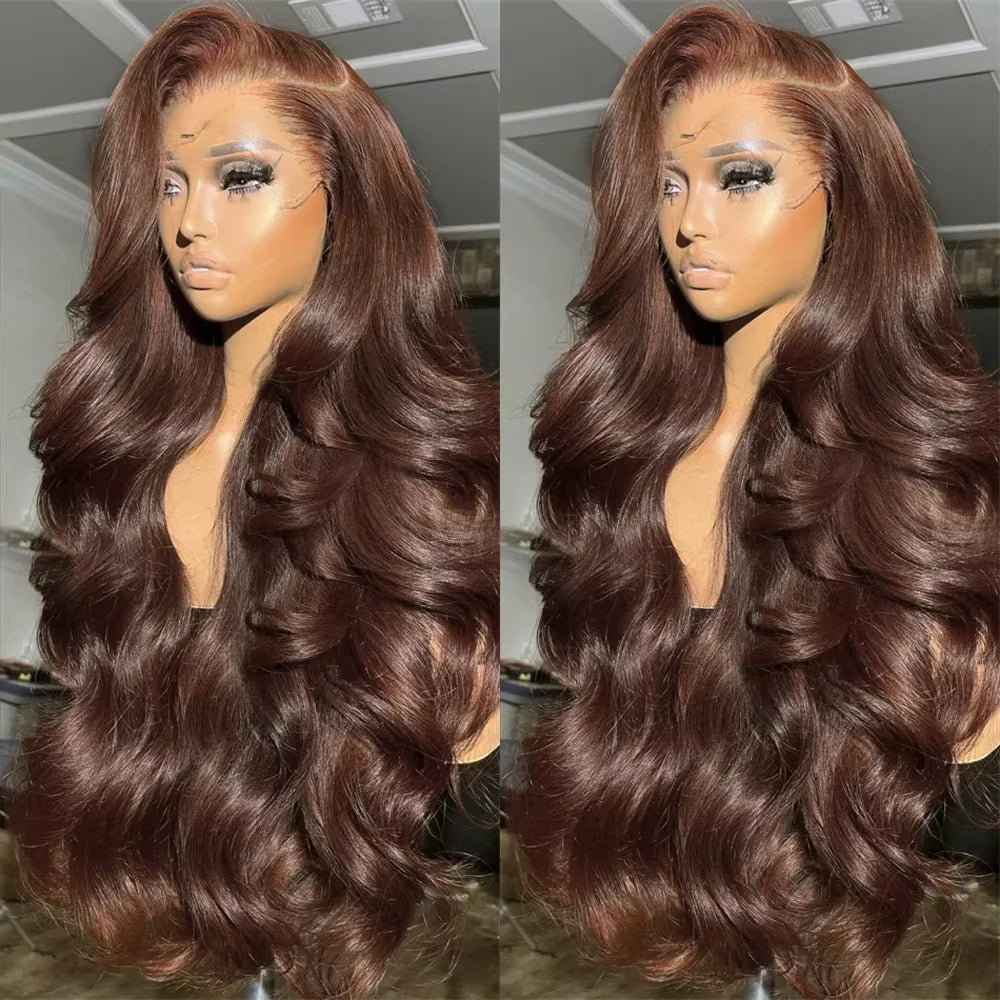 Body Wave Chocolate Brown 13x6 Lace Front Wigs Human Hair Pre Plucked Brazilian Brown Virgin Hair 13x4 HD Frontal Wig 200Density