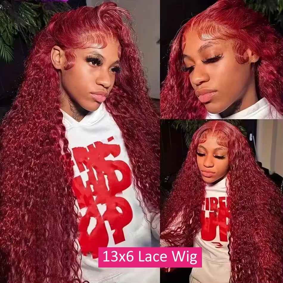 13x6 Deep Curly HD Lace Frontal Wig 30Inch Glueless Wear And Go 99J Burgundy Red Colored Deep Wave Lace Front Human Hair Wigs