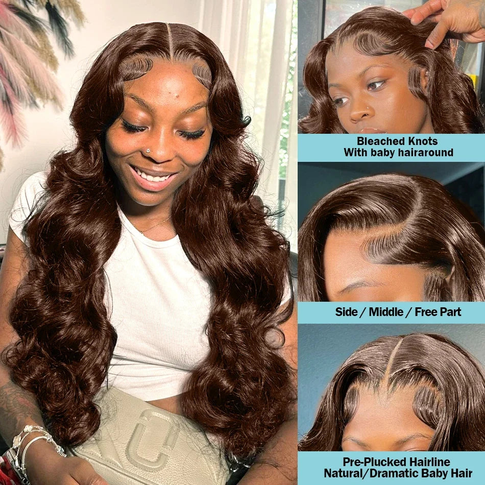 30 Inch Chocolate Brown Body Wave Lace Front Wig Transparent 13x6 HD Lace Frontal Wigs 13x4 Preplucked Colored Human Hair4x4 5x5