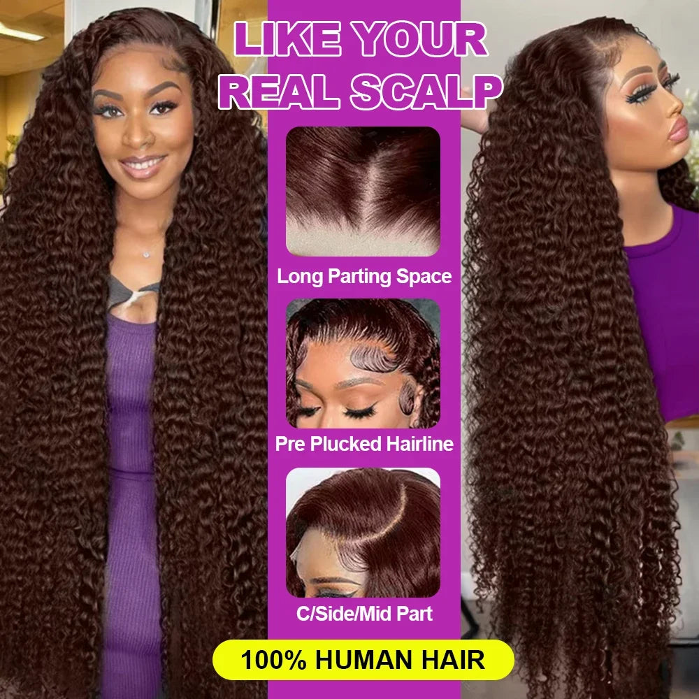 36 38Inch 13x4 HD Lace Frontal Wig Chocolate Brown Water Wave Lace Front Wig Pre Plucked Deep Curly Human Hair Wigs 200 Density