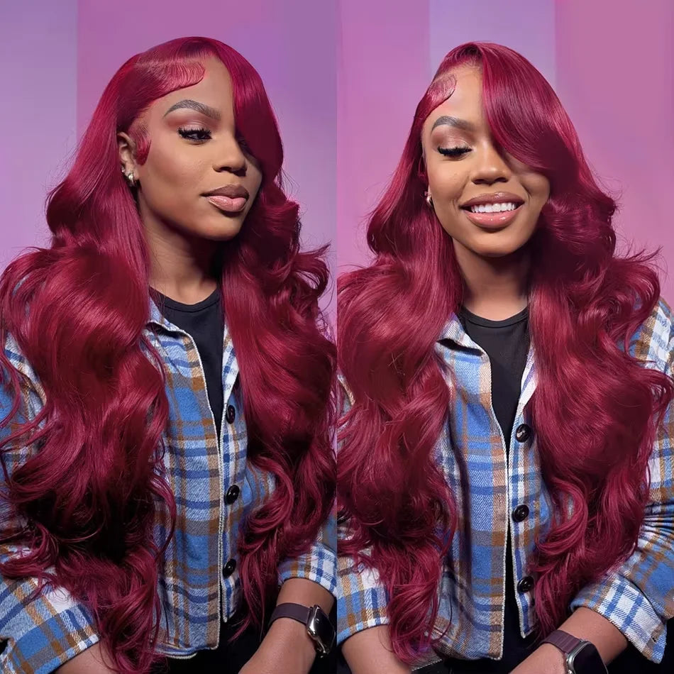 30 Inch 99J Burgundy Lace Front Wigs Human Hair Pre Plucked 200% Density Body Wave Lace Front Wigs Human Hair Wig Transparent