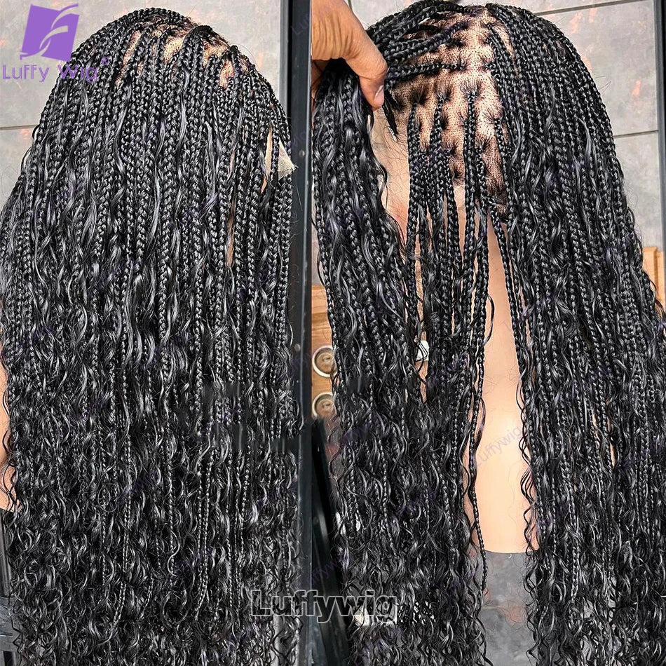 Boho Knotless Braids Hd Full Lace Wig Human Hair Braided Wigs for Black Women Braided Ponytail Wig Natural with Baby Hair LUFFY