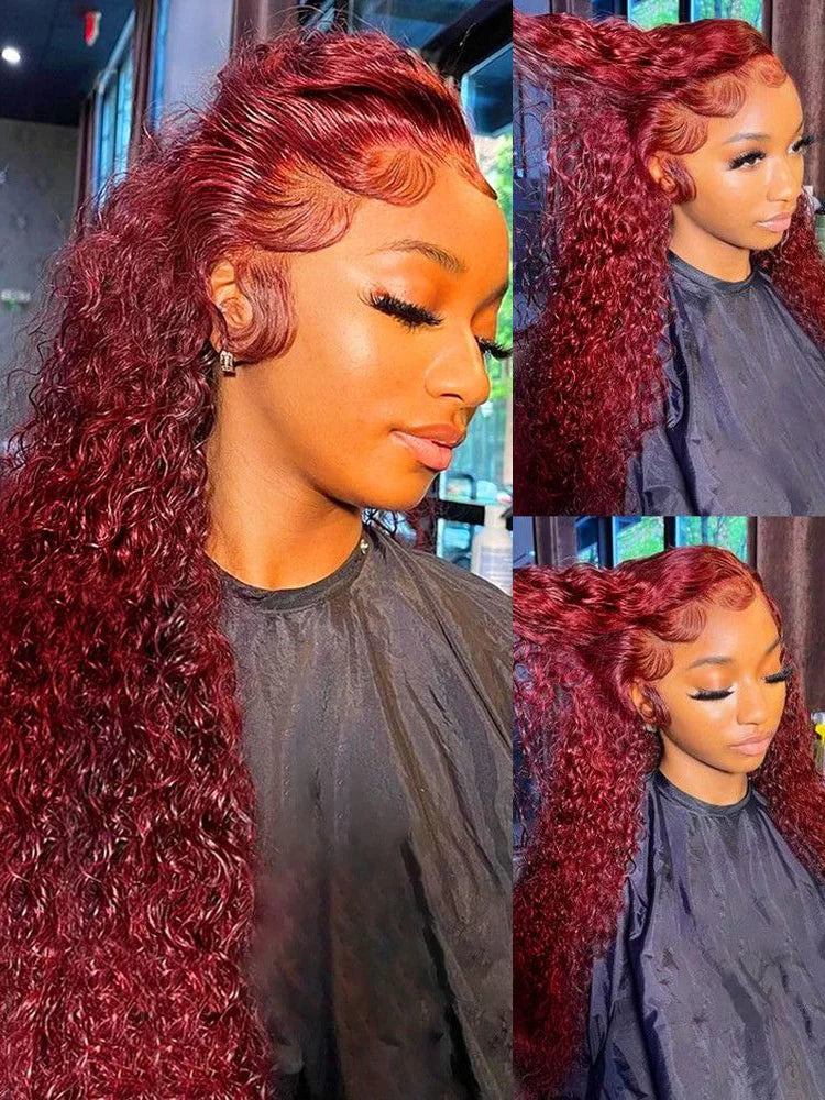 13x6 Deep Curly HD Lace Frontal Wig 30Inch Glueless Wear And Go 99J Burgundy Red Colored Deep Wave Lace Front Human Hair Wigs