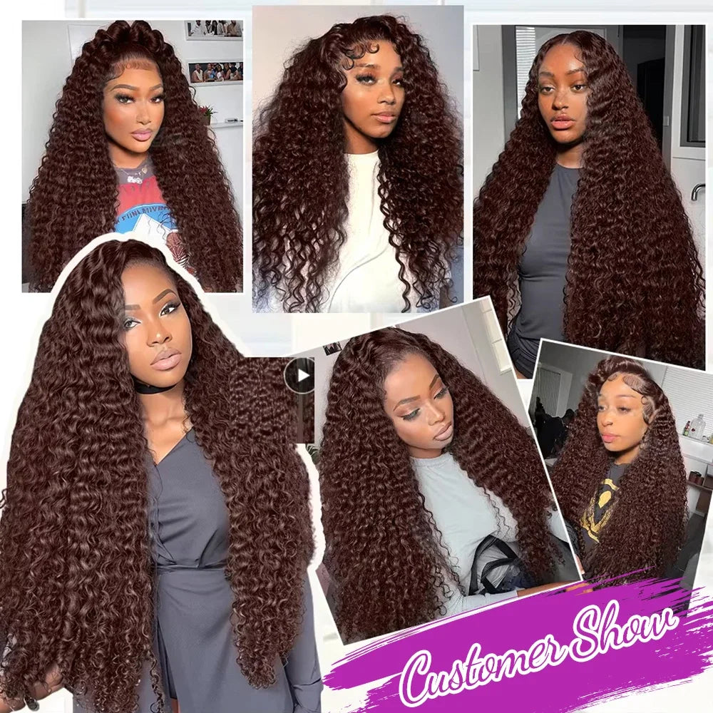 36 38Inch 13x4 HD Lace Frontal Wig Chocolate Brown Water Wave Lace Front Wig Pre Plucked Deep Curly Human Hair Wigs 200 Density