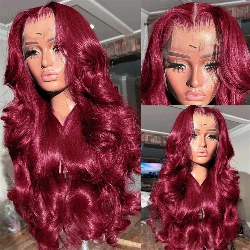 30 Inch 99J Burgundy Lace Front Wigs Human Hair Pre Plucked 200% Density Body Wave Lace Front Wigs Human Hair Wig Transparent