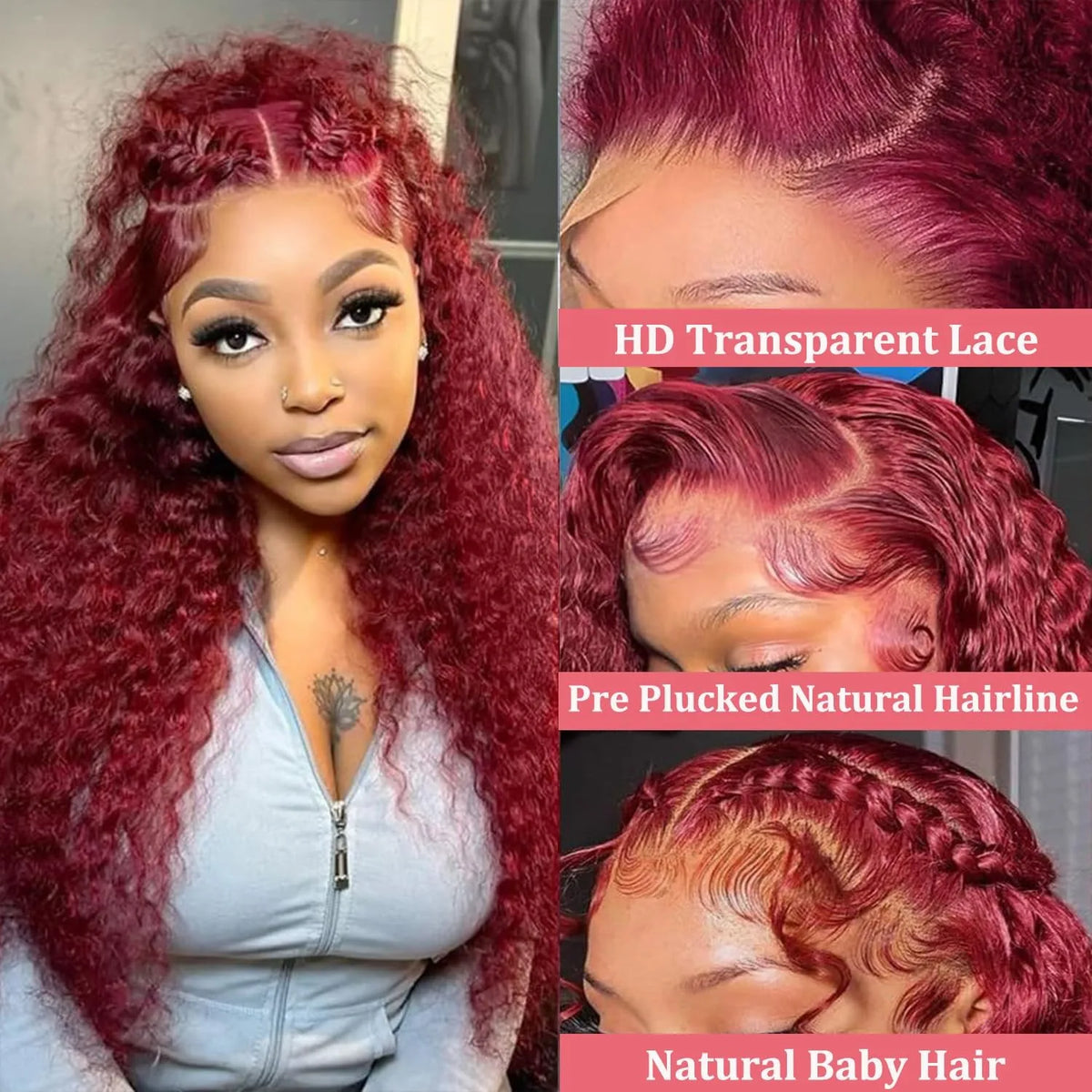 99J Burgundy 210 Density Deep Wave Lace Frontal Wig 13x6 Transparent Lace Front Curly Human Hair Wigs Pre Plucked Human Hair Wig