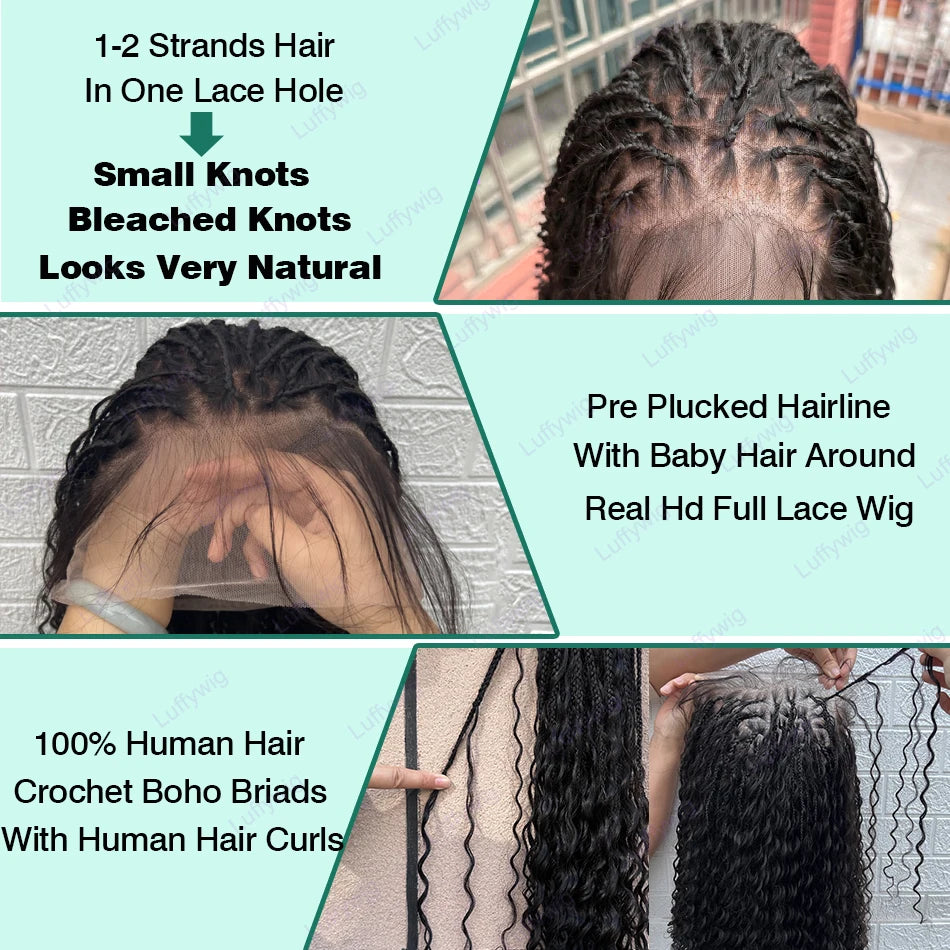 Boho Knotless Braids Hd Full Lace Wig Human Hair Braided Wigs for Black Women Braided Ponytail Wig Natural with Baby Hair LUFFY