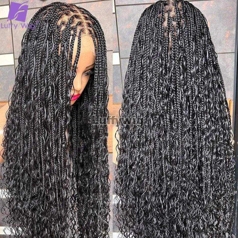 Boho Knotless Braids Hd Full Lace Wig Human Hair Braided Wigs for Black Women Braided Ponytail Wig Natural with Baby Hair LUFFY