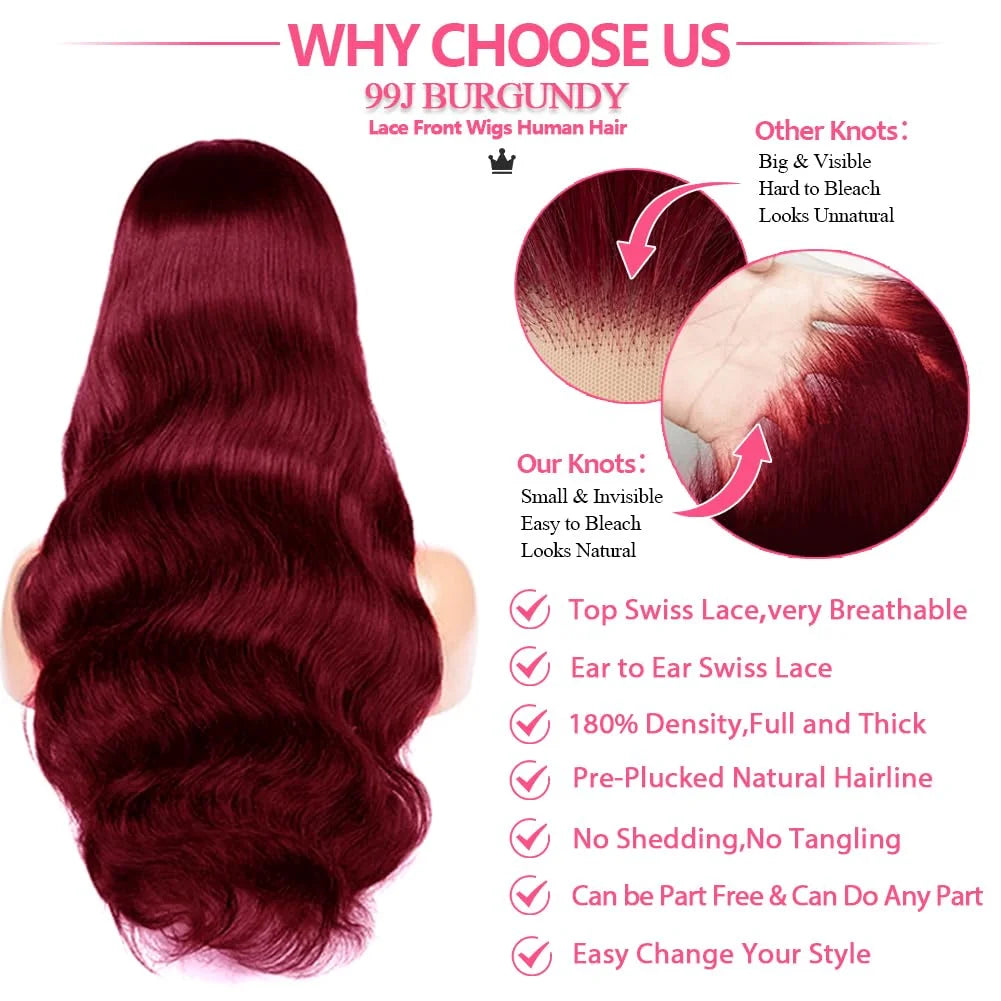 30 Inch 99J Burgundy Lace Front Wigs Human Hair Pre Plucked 200% Density Body Wave Lace Front Wigs Human Hair Wig Transparent