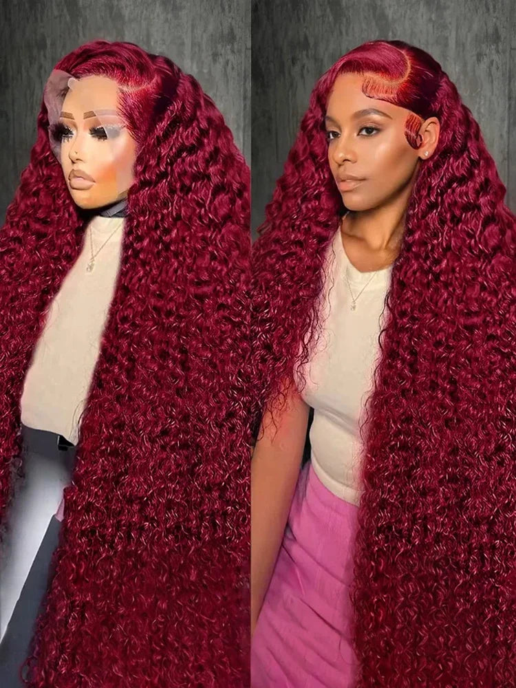 13x6 Deep Curly HD Lace Frontal Wig 30Inch Glueless Wear And Go 99J Burgundy Red Colored Deep Wave Lace Front Human Hair Wigs