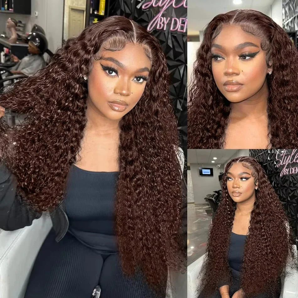 36 38Inch 13x4 HD Lace Frontal Wig Chocolate Brown Water Wave Lace Front Wig Pre Plucked Deep Curly Human Hair Wigs 200 Density