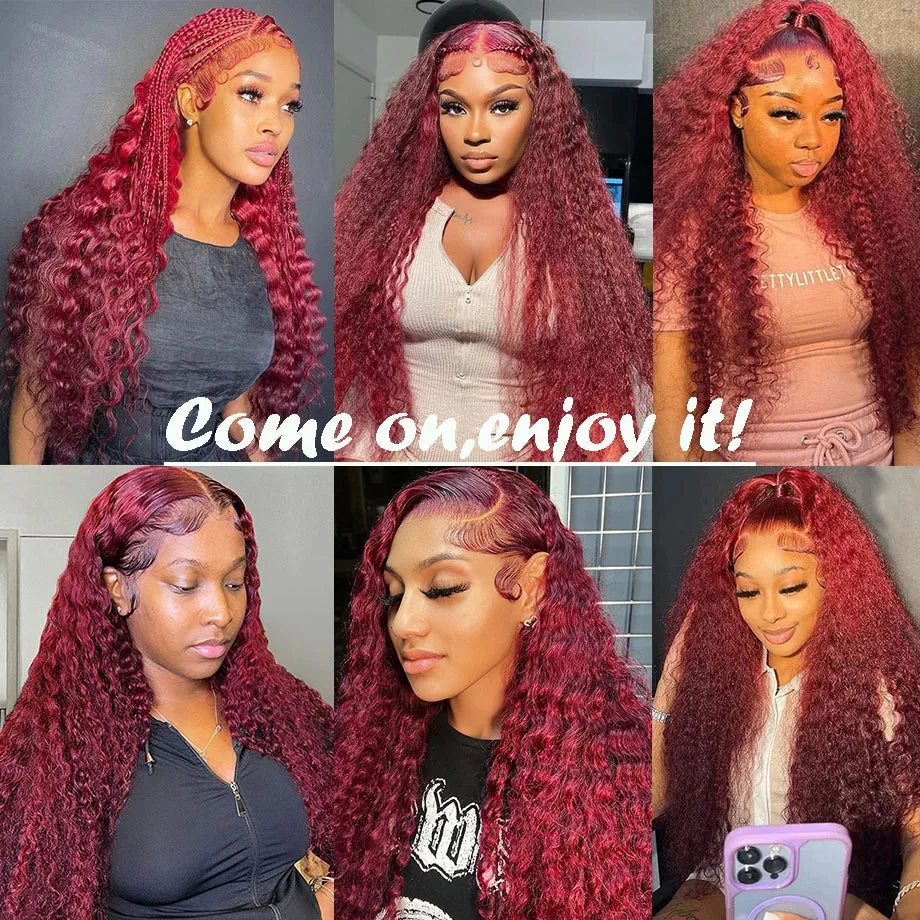 13x6 Deep Curly HD Lace Frontal Wig 30Inch Glueless Wear And Go 99J Burgundy Red Colored Deep Wave Lace Front Human Hair Wigs