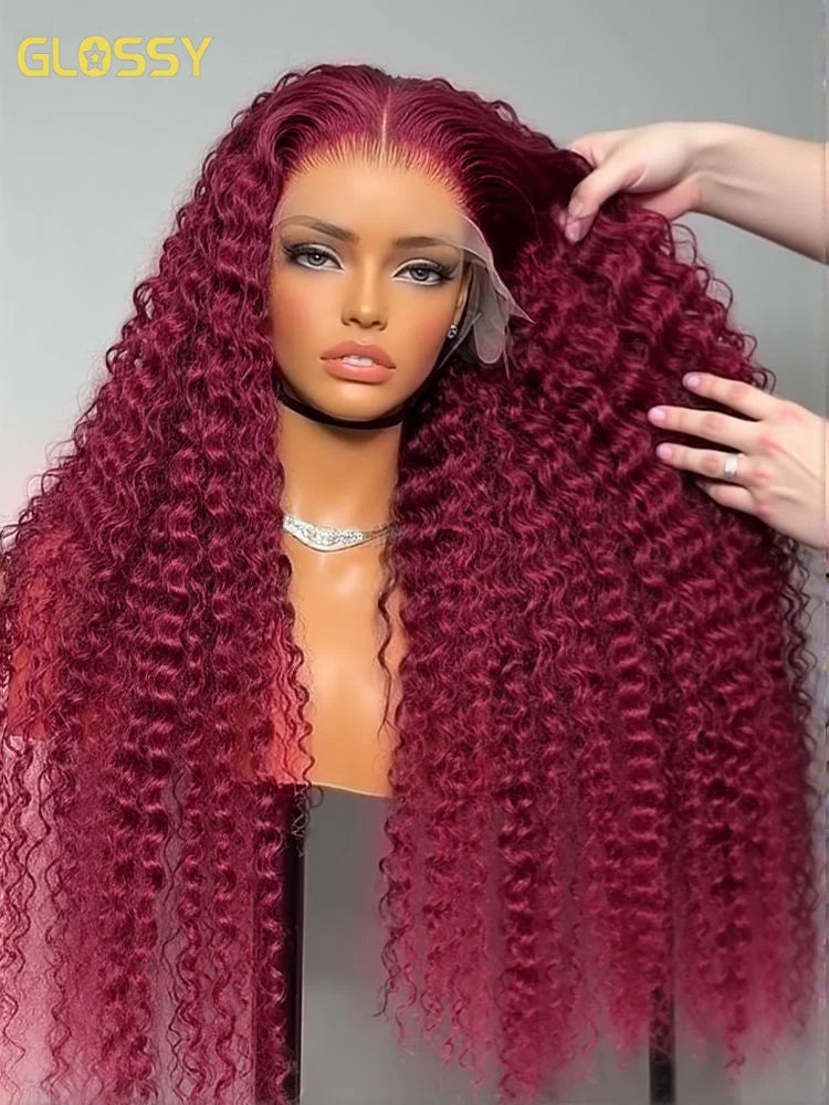 13x6 Deep Curly HD Lace Frontal Wig 30Inch Glueless Wear And Go 99J Burgundy Red Colored Deep Wave Lace Front Human Hair Wigs