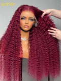 13x6 Deep Curly HD Lace Frontal Wig 30Inch Glueless Wear And Go 99J Burgundy Red Colored Deep Wave Lace Front Human Hair Wigs