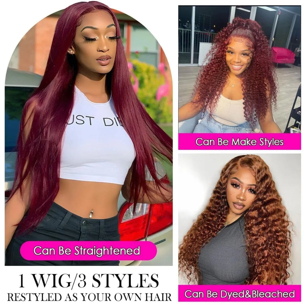 99J Burgundy 210 Density Deep Wave Lace Frontal Wig 13x6 Transparent Lace Front Curly Human Hair Wigs Pre Plucked Human Hair Wig