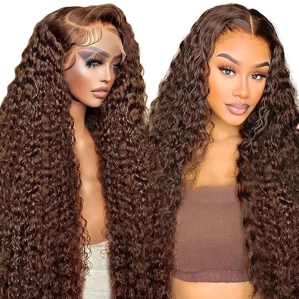 36 38Inch 13x4 HD Lace Frontal Wig Chocolate Brown Water Wave Lace Front Wig Pre Plucked Deep Curly Human Hair Wigs 200 Density
