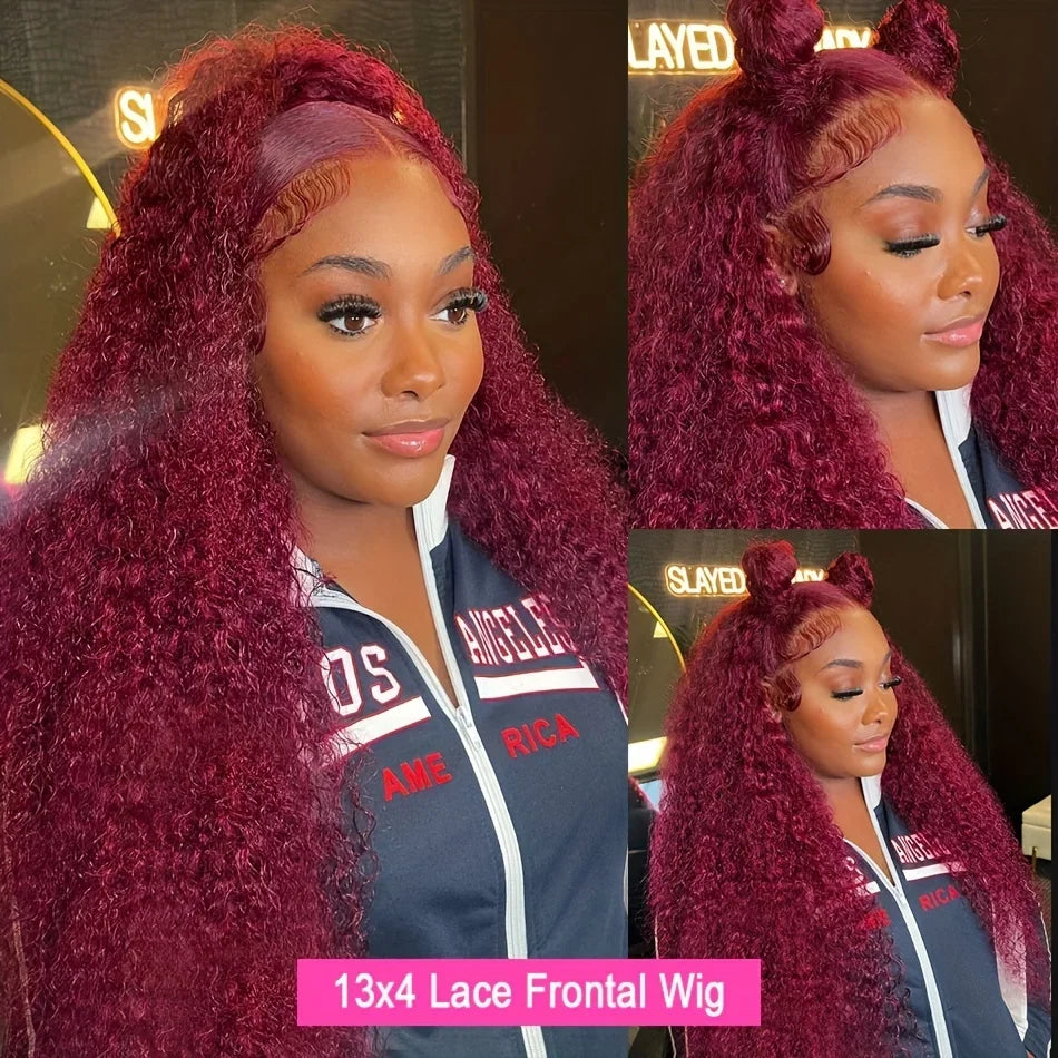 220 Density Human Hair Deep Wave 99J Burgundy 13x4 Lace Frontal Wig 30 32 Inch HD Lace Front Wigs Water Brazilian Curly wigs