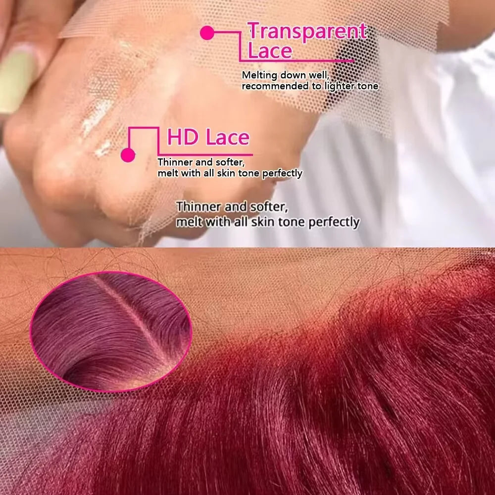 30 Inch 99J Burgundy Lace Front Wigs Human Hair Pre Plucked 200% Density Body Wave Lace Front Wigs Human Hair Wig Transparent
