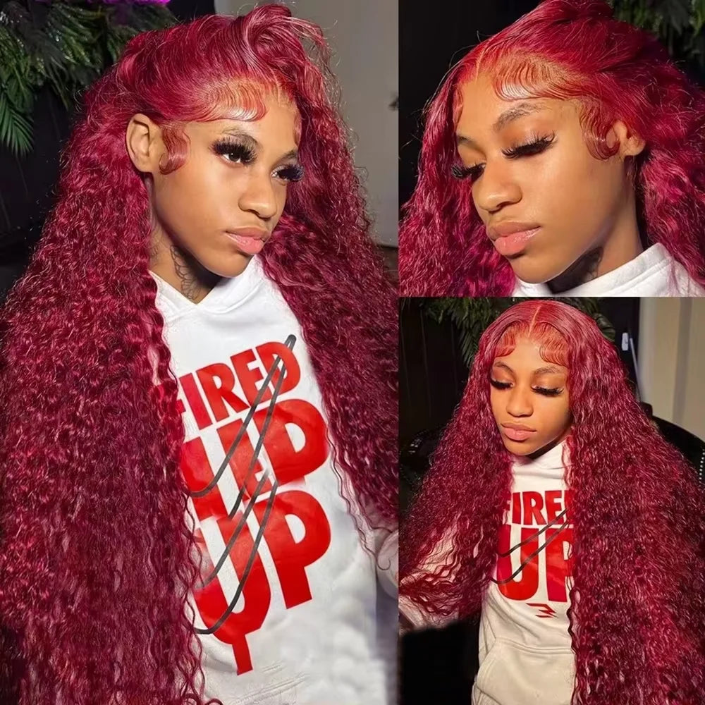 220 Density Human Hair Deep Wave 99J Burgundy 13x4 Lace Frontal Wig 30 32 Inch HD Lace Front Wigs Water Brazilian Curly wigs