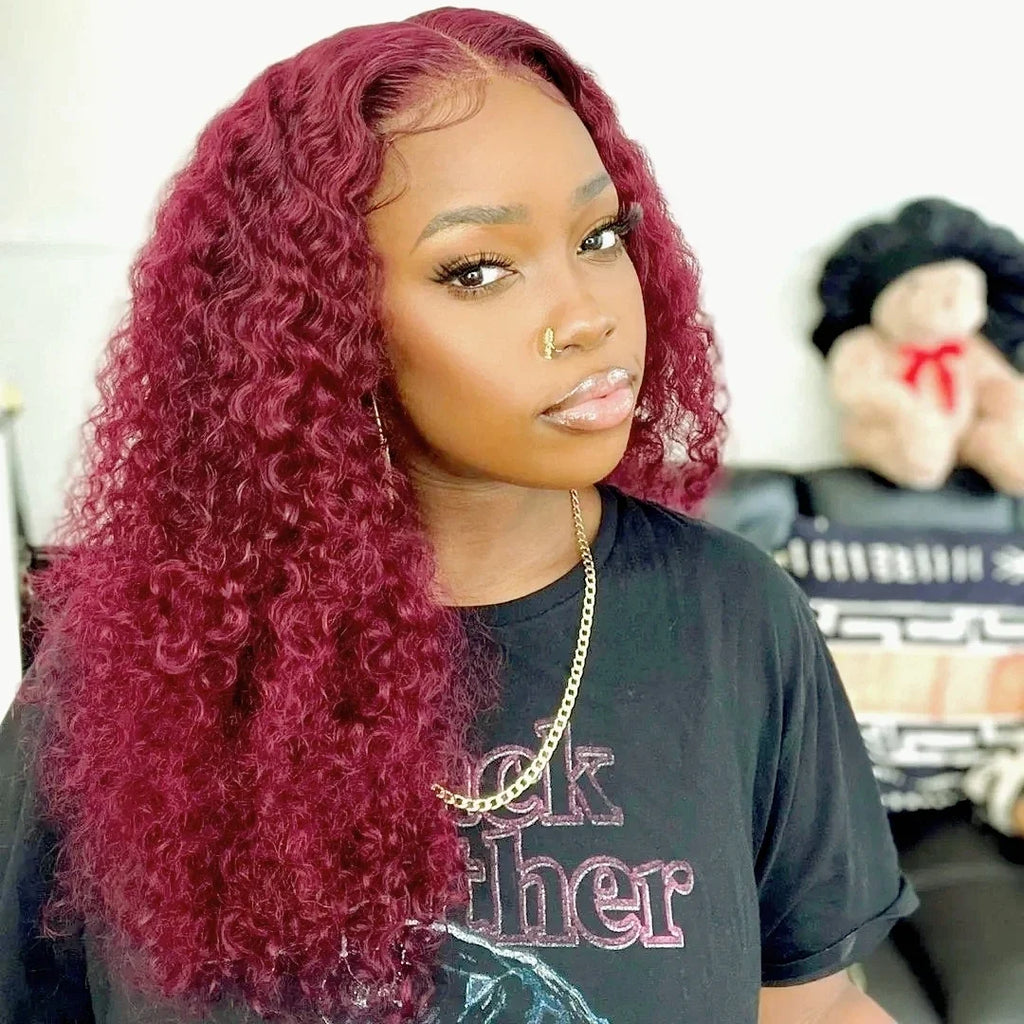 13x6 Deep Curly HD Lace Frontal Wig 30Inch Glueless Wear And Go 99J Burgundy Red Colored Deep Wave Lace Front Human Hair Wigs