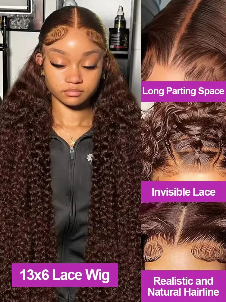 36 38Inch 13x4 HD Lace Frontal Wig Chocolate Brown Water Wave Lace Front Wig Pre Plucked Deep Curly Human Hair Wigs 200 Density