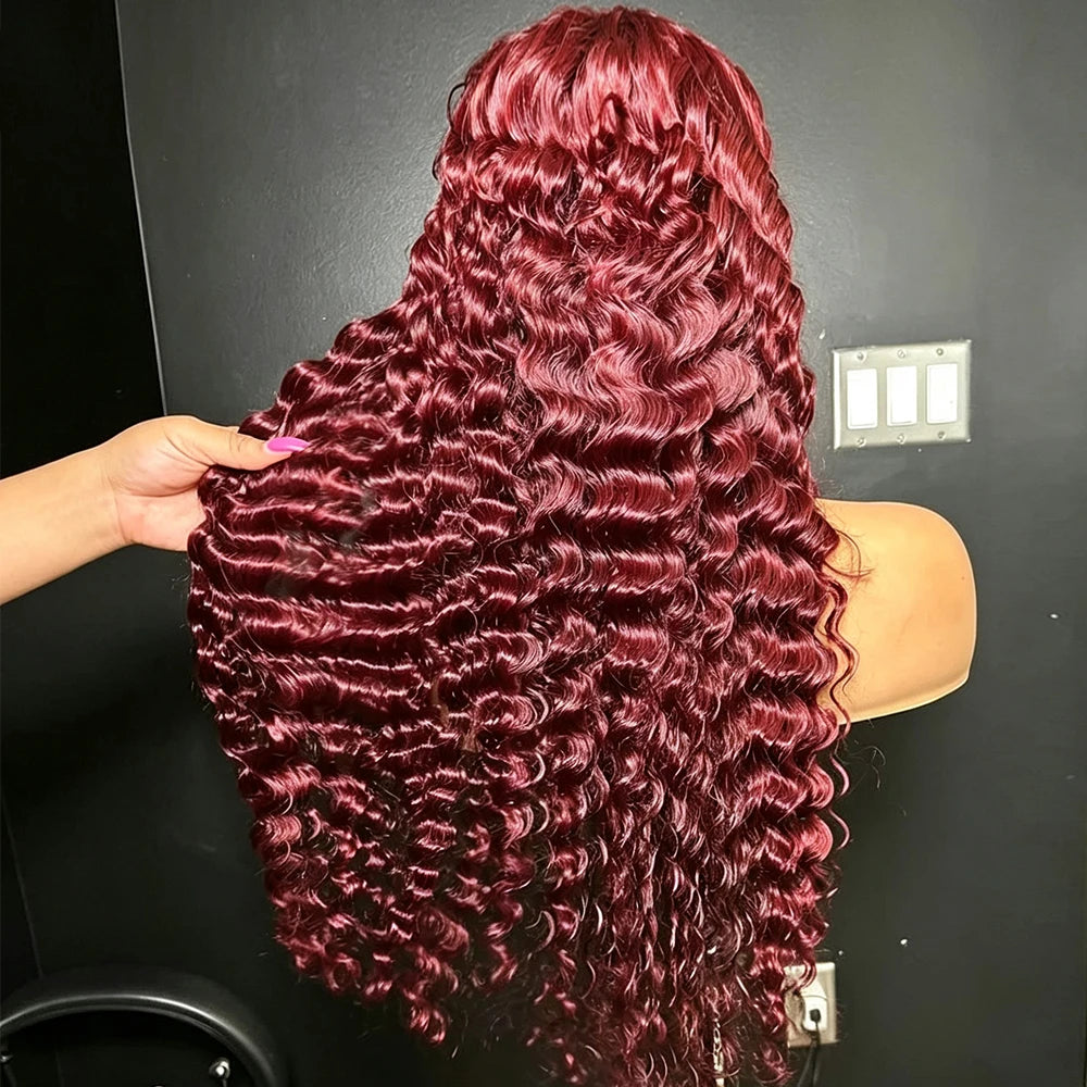 99J Burgundy 210 Density Deep Wave Lace Frontal Wig 13x6 Transparent Lace Front Curly Human Hair Wigs Pre Plucked Human Hair Wig