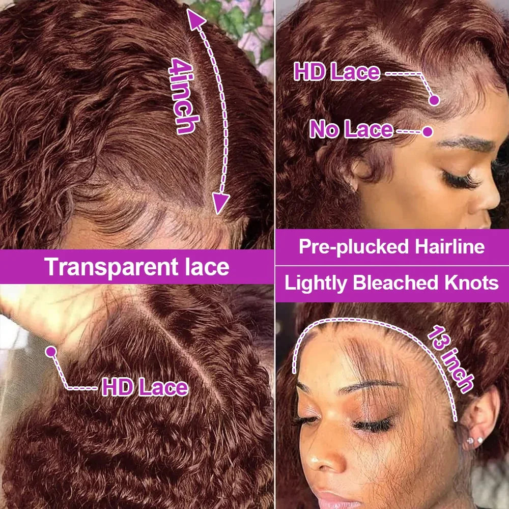 36 38Inch 13x4 HD Lace Frontal Wig Chocolate Brown Water Wave Lace Front Wig Pre Plucked Deep Curly Human Hair Wigs 200 Density