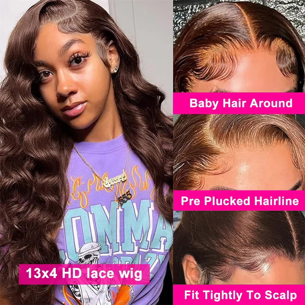 Body Wave Chocolate Brown 13x6 Lace Front Wigs Human Hair Pre Plucked Brazilian Brown Virgin Hair 13x4 HD Frontal Wig 200Density