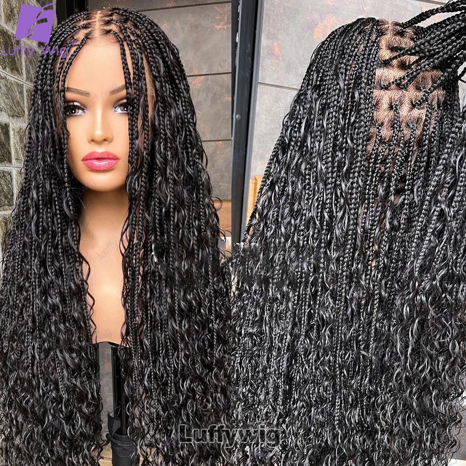 Boho Knotless Braids Hd Full Lace Wig Human Hair Braided Wigs for Black Women Braided Ponytail Wig Natural with Baby Hair LUFFY