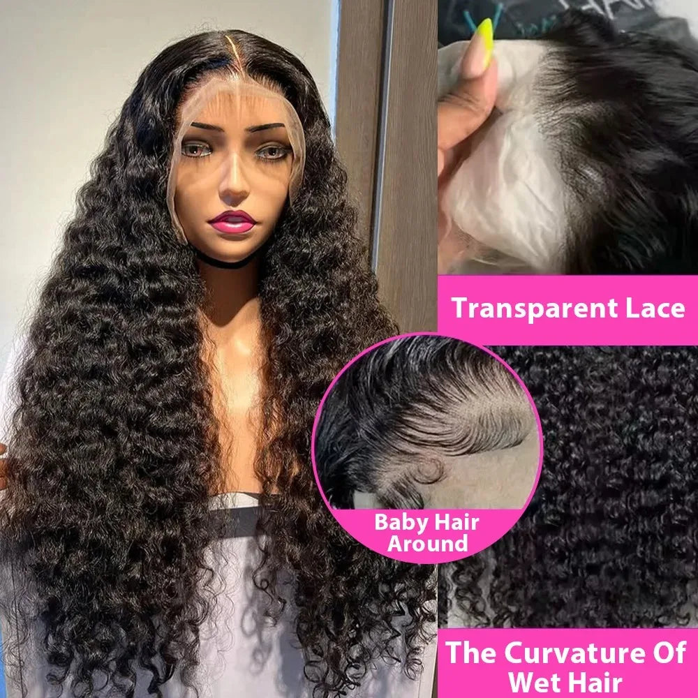 40 Inch 13x6 HD Lace Front Wig 210% Density Deep Wave Human Hair Wig Brazilian Virgin Curly Human Hair Wig For Women 13x4 Lace Frontal Wigs With Baby Hair Pre Plucked Hairline Natural Color
