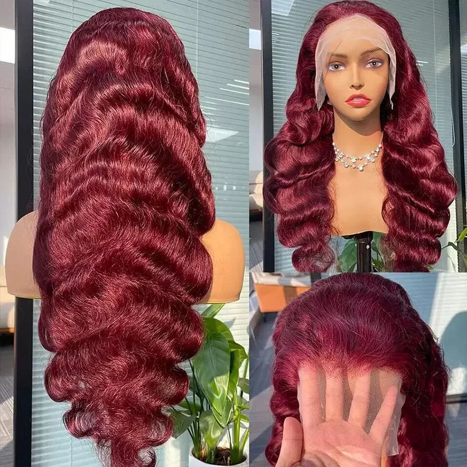 30 Inch 99J Burgundy Lace Front Wigs Human Hair Pre Plucked 200% Density Body Wave Lace Front Wigs Human Hair Wig Transparent