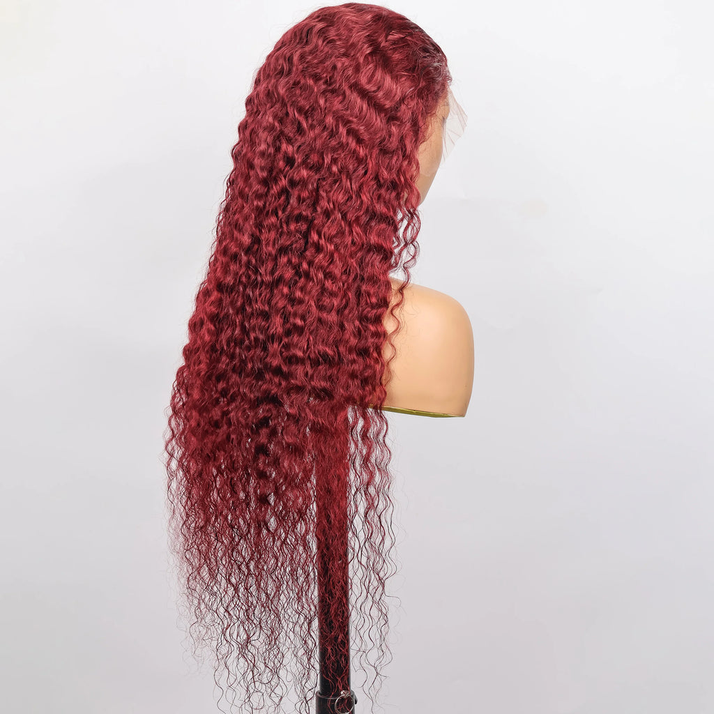 220 Density Human Hair Deep Wave 99J Burgundy 13x4 Lace Frontal Wig 30 32 Inch HD Lace Front Wigs Water Brazilian Curly wigs