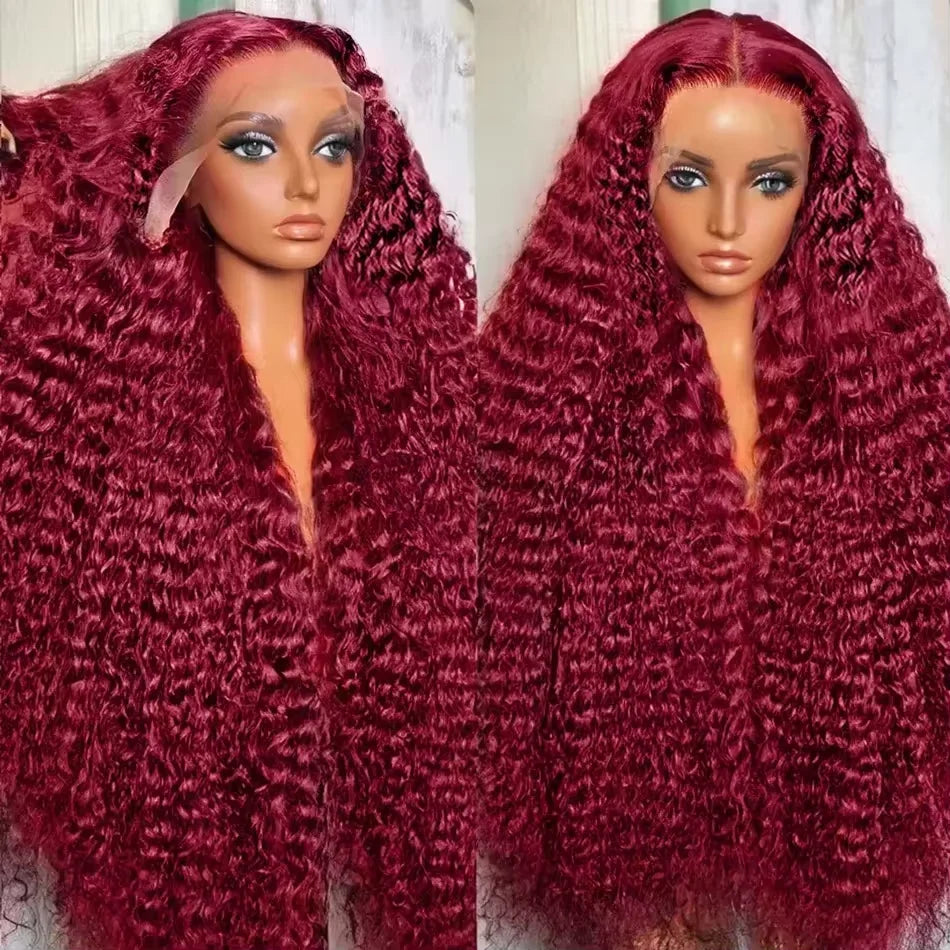 13x6 Deep Curly HD Lace Frontal Wig 30Inch Glueless Wear And Go 99J Burgundy Red Colored Deep Wave Lace Front Human Hair Wigs