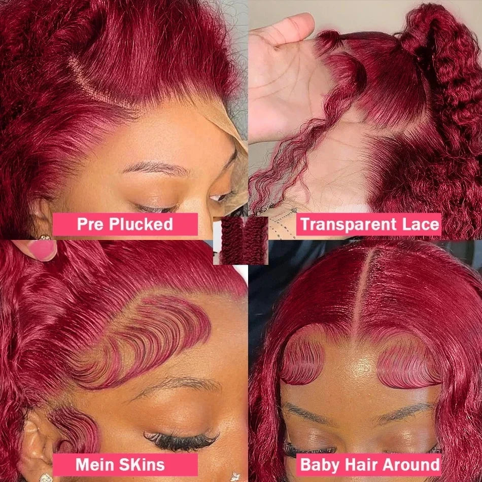 13x6 Deep Curly HD Lace Frontal Wig 30Inch Glueless Wear And Go 99J Burgundy Red Colored Deep Wave Lace Front Human Hair Wigs