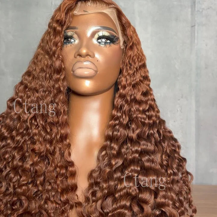 Custom Ginger Brown Color Human Hair Wig Water Wave 400 Density For Women 13x6 Hd Lace Human Hair Wigs Brazilian Color Curly Wig