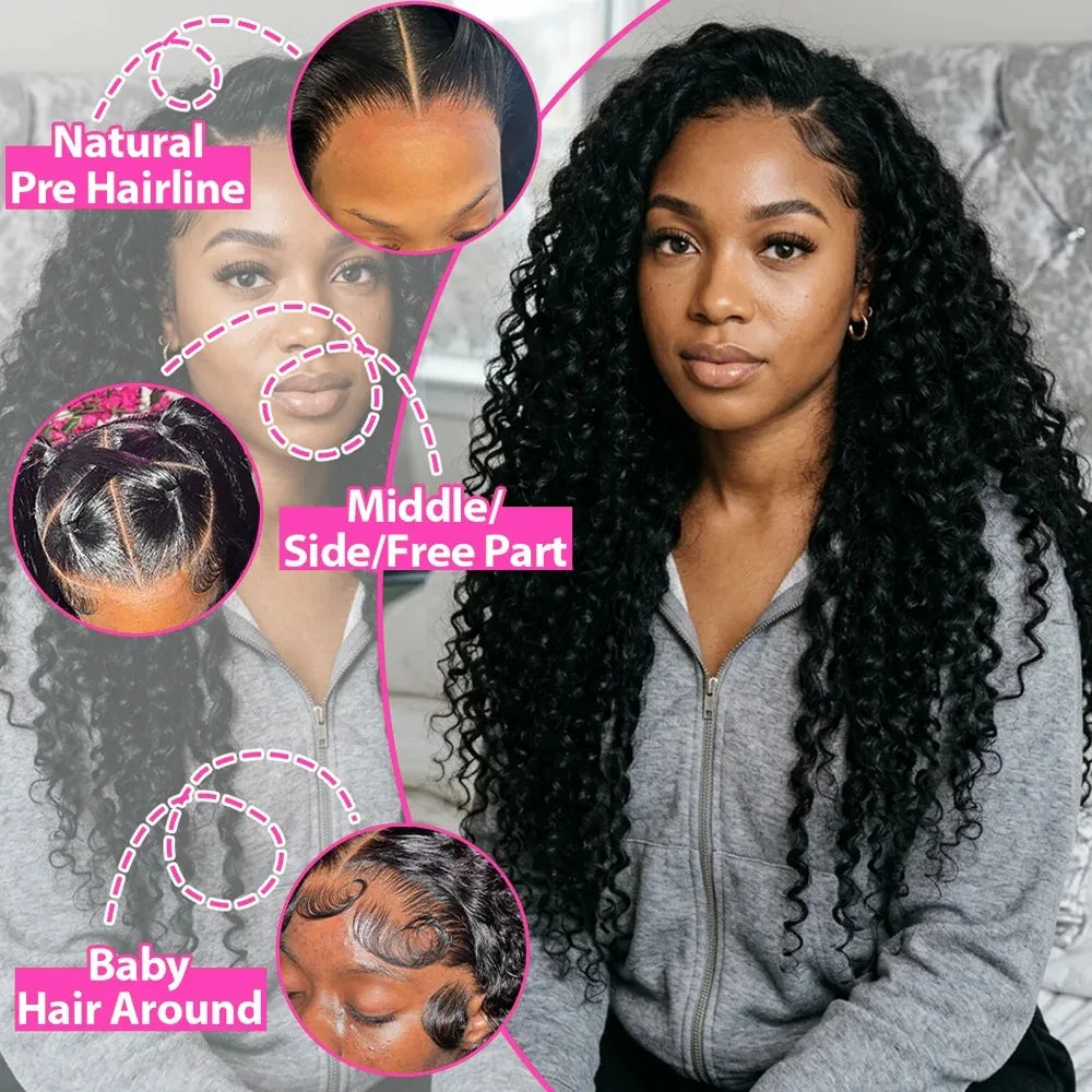40 Inch 13x6 HD Lace Front Wig 210% Density Deep Wave Human Hair Wig Brazilian Virgin Curly Human Hair Wig For Women 13x4 Lace Frontal Wigs With Baby Hair Pre Plucked Hairline Natural Color
