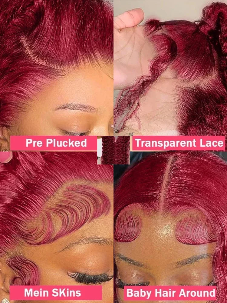 13x6 Deep Curly HD Lace Frontal Wig 30Inch Glueless Wear And Go 99J Burgundy Red Colored Deep Wave Lace Front Human Hair Wigs