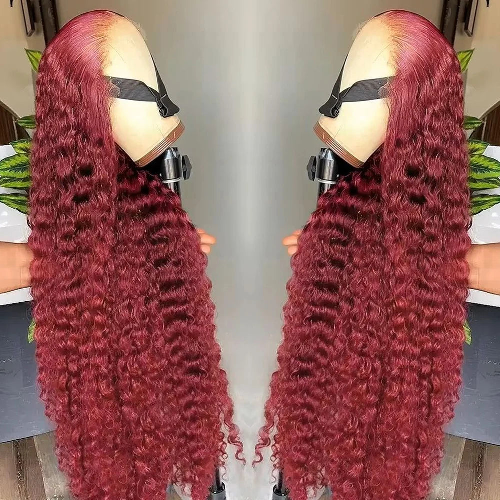 220 Density Human Hair Deep Wave 99J Burgundy 13x4 Lace Frontal Wig 30 32 Inch HD Lace Front Wigs Water Brazilian Curly wigs
