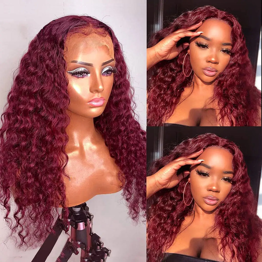 99J Burgundy 210 Density Deep Wave Lace Frontal Wig 13x6 Transparent Lace Front Curly Human Hair Wigs Pre Plucked Human Hair Wig