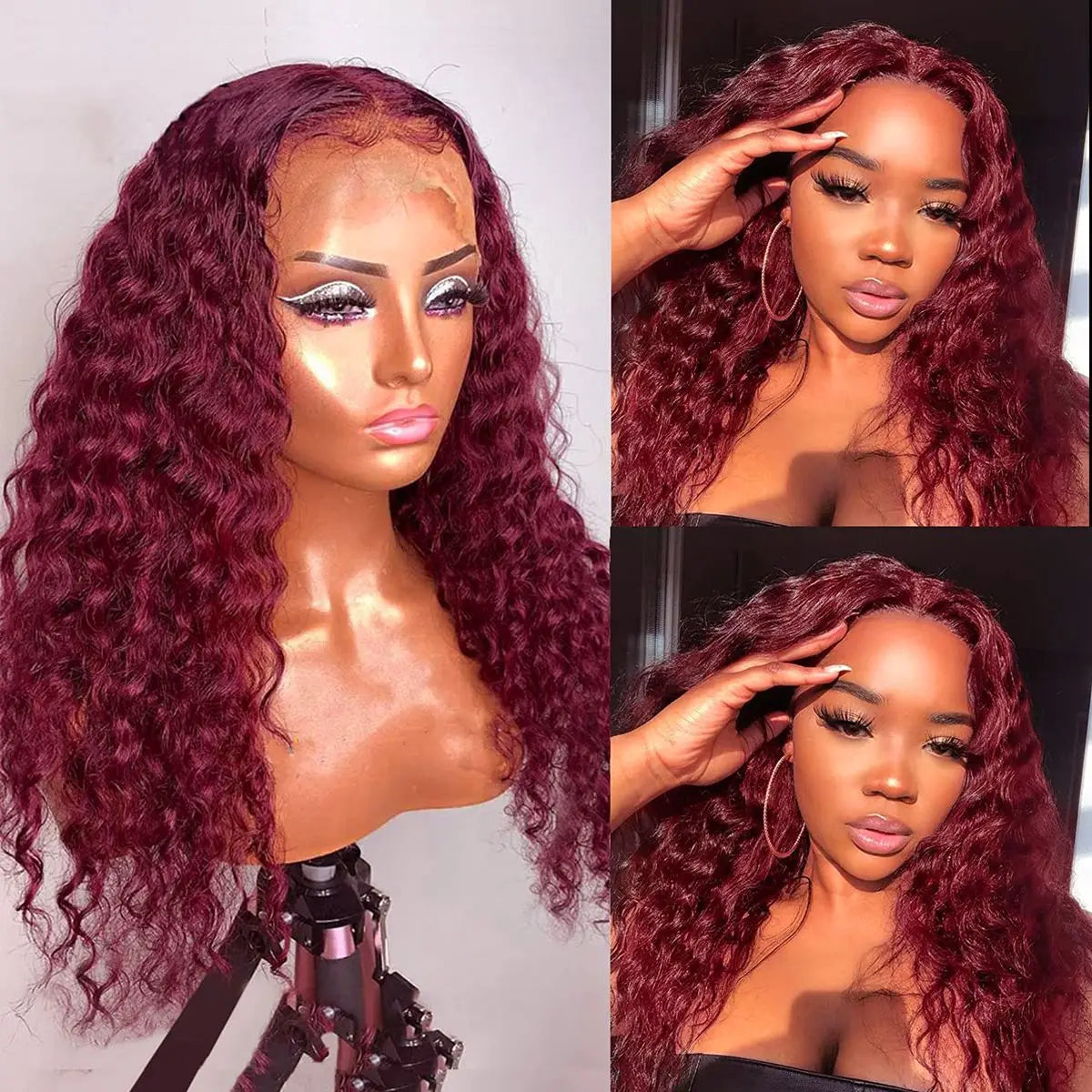99J Burgundy 210 Density Deep Wave Lace Frontal Wig 13x6 Transparent Lace Front Curly Human Hair Wigs Pre Plucked Human Hair Wig