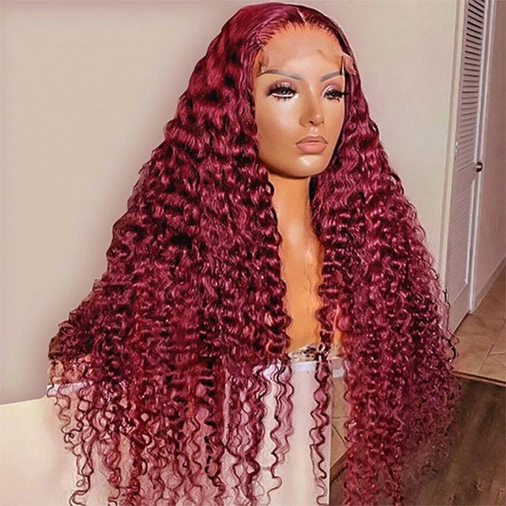 99J Burgundy 210 Density Deep Wave Lace Frontal Wig 13x6 Transparent Lace Front Curly Human Hair Wigs Pre Plucked Human Hair Wig