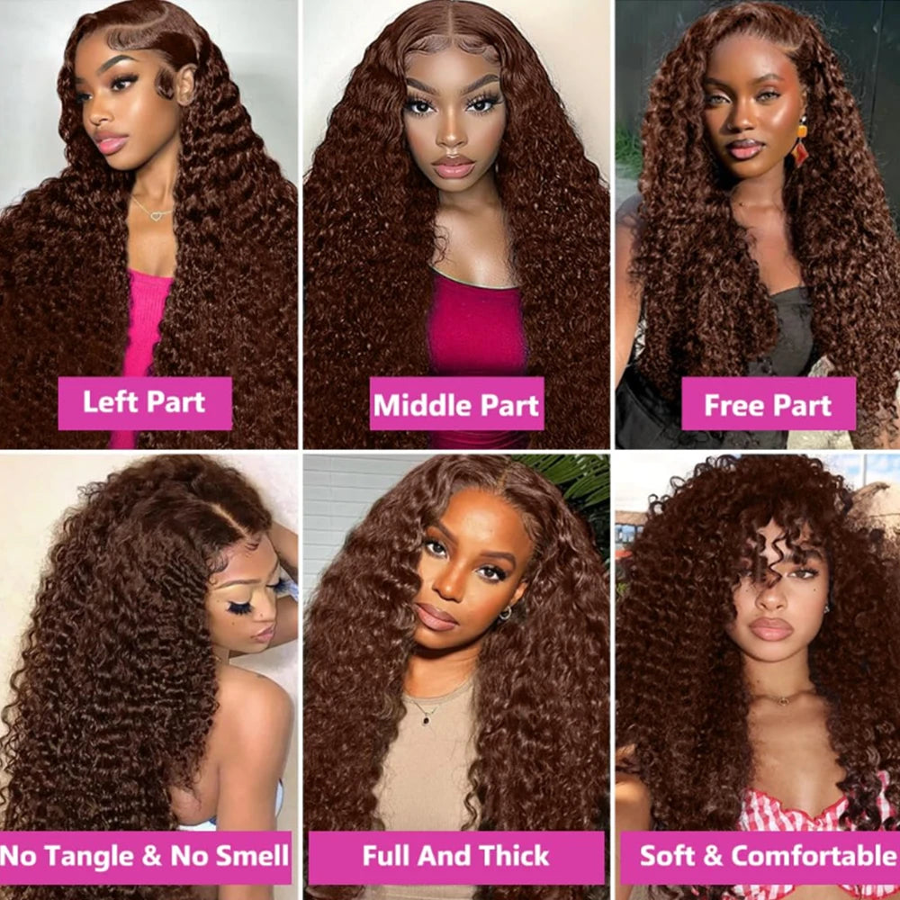 36 38Inch 13x4 HD Lace Frontal Wig Chocolate Brown Water Wave Lace Front Wig Pre Plucked Deep Curly Human Hair Wigs 200 Density
