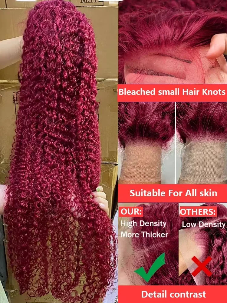220 Density Human Hair Deep Wave 99J Burgundy 13x4 Lace Frontal Wig 30 32 Inch HD Lace Front Wigs Water Brazilian Curly wigs