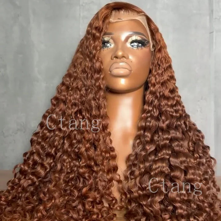 Custom Ginger Brown Color Human Hair Wig Water Wave 400 Density For Women 13x6 Hd Lace Human Hair Wigs Brazilian Color Curly Wig