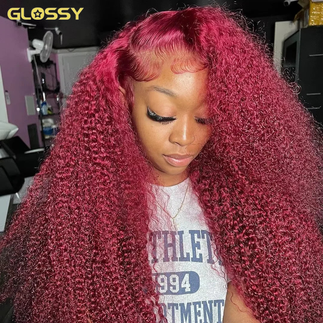 13x6 Deep Curly HD Lace Frontal Wig 30Inch Glueless Wear And Go 99J Burgundy Red Colored Deep Wave Lace Front Human Hair Wigs